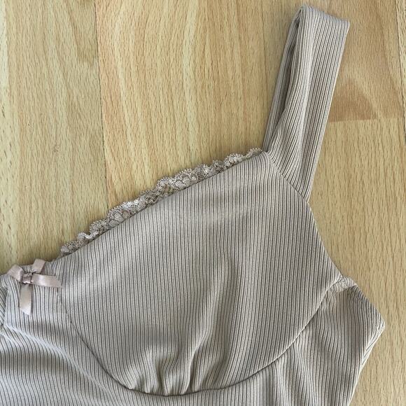Y2K Beige Ribbed Bustier Crop Lace Trim Y2K Fairy Core Size Women Large - Picture 3 of 6